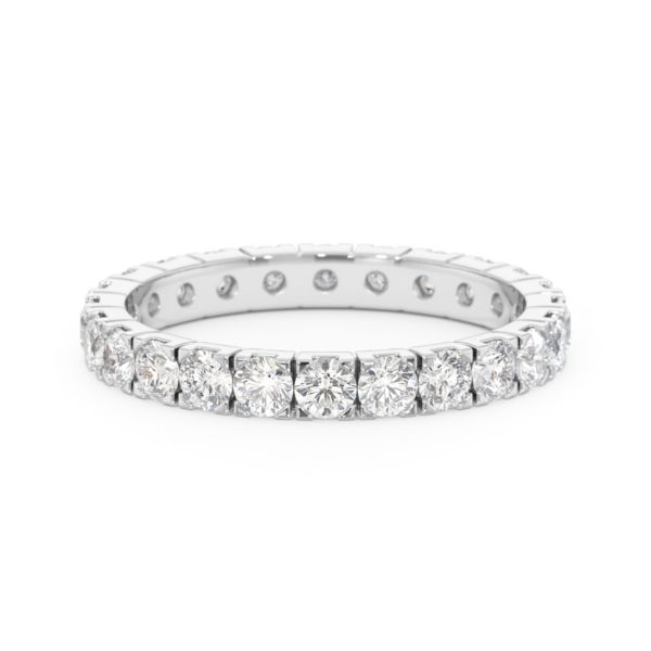 A 1.25 carat diamond eternity ring in 18k white gold, front view, isolated on a white background