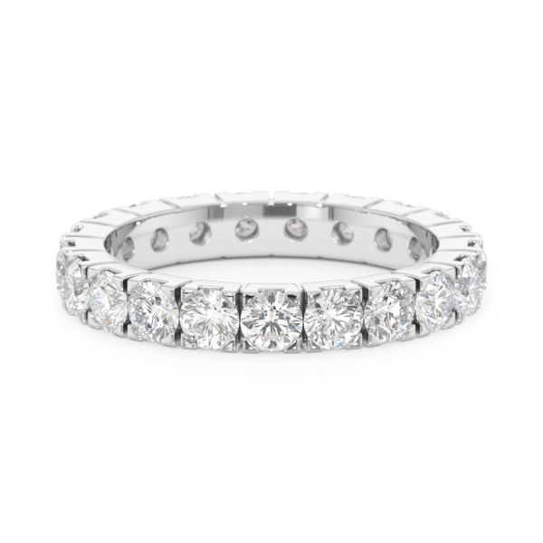 A 2.00 carat diamond eternity ring in 18k white gold, front view, isolated on a white backgroun