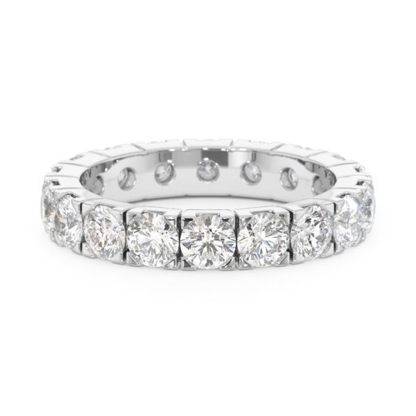 A 3.00 carat diamond eternity ring in 18k white gold, front view, isolated on a white background