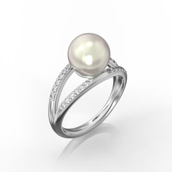 Double shank white pearl ring and diamond