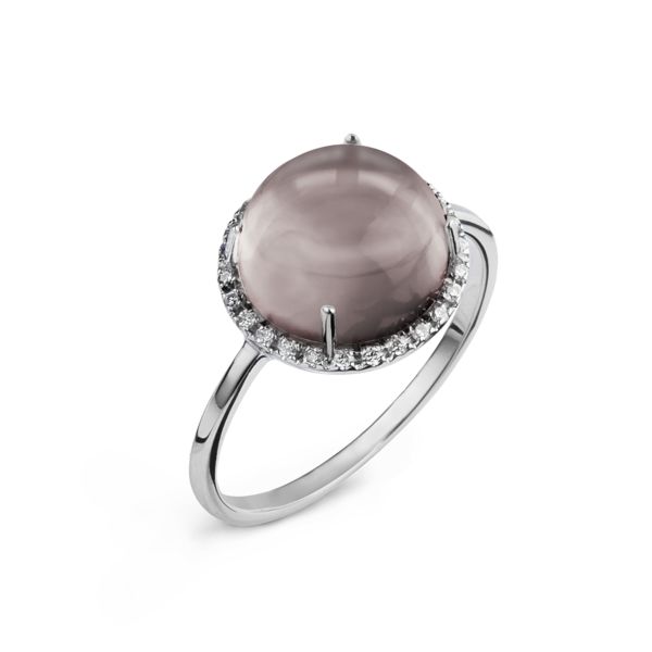 A smoked quartz cabochon and diamonds ring