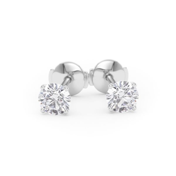A pair of four-prong diamond stud earrings with two 0.50 carat GIA certified diamonds each, total 1.00 carat, in white gold, front view, isolated on a white background