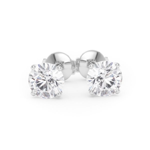A pair of four-prong diamond stud earrings with two 1.00 carat GIA certified diamonds each, total 2.00 carat, in white gold, front view, isolated on a white background