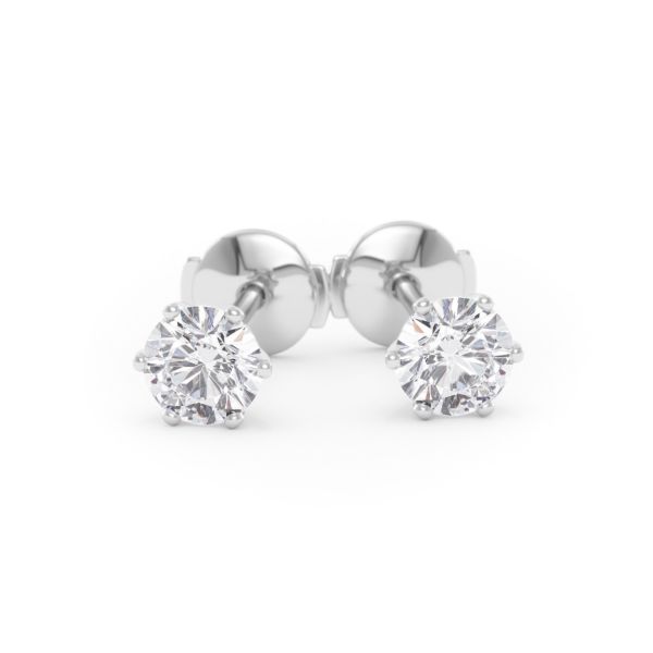 A pair of six-prong diamond stud earrings with two 0.50 carat GIA certified diamonds each, total 1.00 carat, in white gold, front view, isolated on a white background