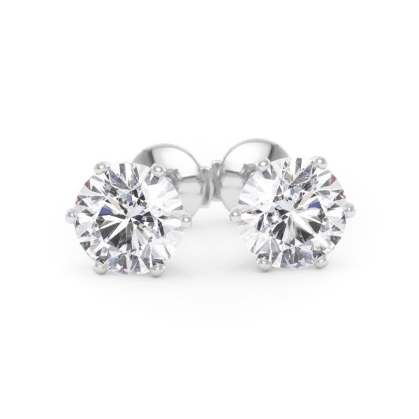     A pair of six-prong diamond stud earrings with two 1.50 carat GIA certified diamonds each, total 3.00 carat, in white gold, front view, isolated on a white background