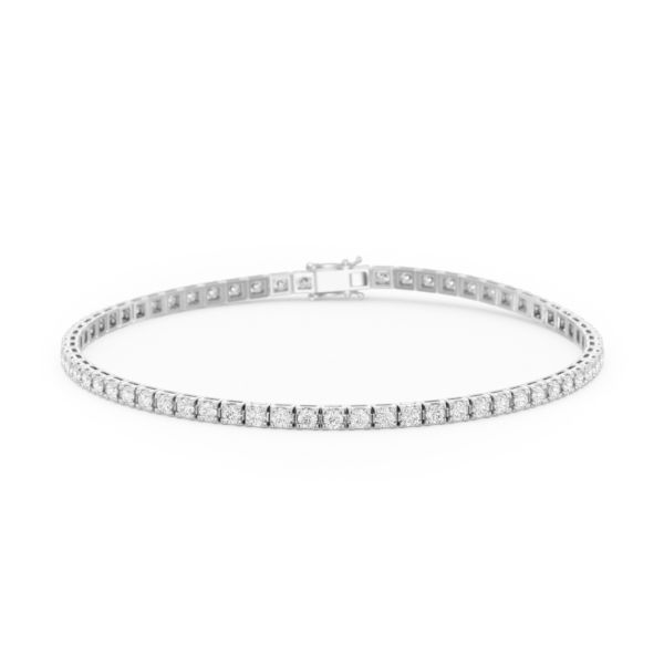     A diamond tennis bracelet in 18k white gold, set with 70 round brilliant cut diamonds totaling 1.02 ct, G SI quality, full view, isolated on a white background