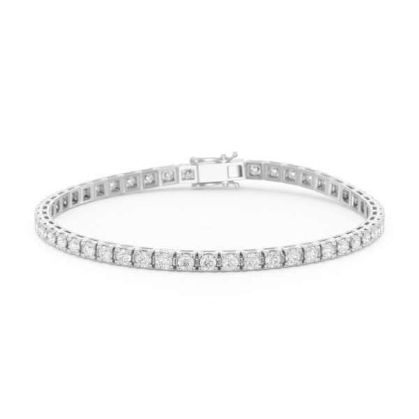     A diamond tennis bracelet in 18k white gold, set with 50 round brilliant cut diamonds totaling 3.00 ct, G SI quality, full view, isolated on a white background
