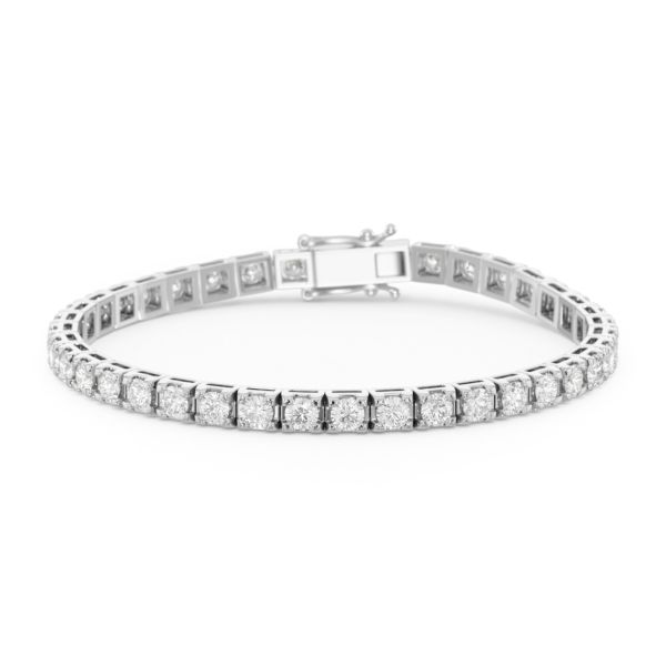     A diamond tennis bracelet in 18k white gold, set with 42 round brilliant cut diamonds totaling 5.00 ct, G SI quality, full view, isolated on a white background