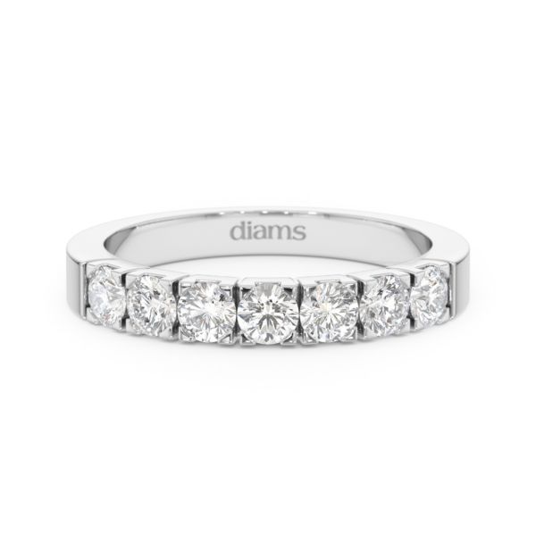 A 0.70 carat diamond half eternity ring in 18k white gold, front view, isolated on a white background