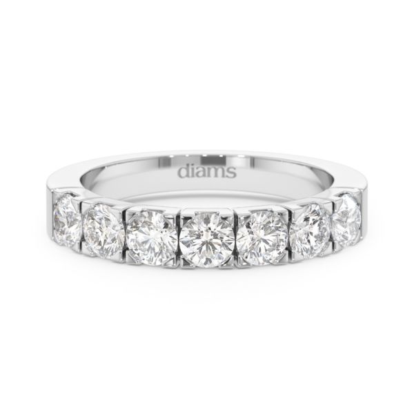 A 1.15 carat diamond half eternity ring in 18k white gold, front view, isolated on a white background