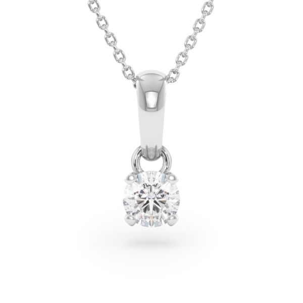     A 0.50 carat GIA certified diamond pendant in white gold with its chain, front view, isolated on a white background