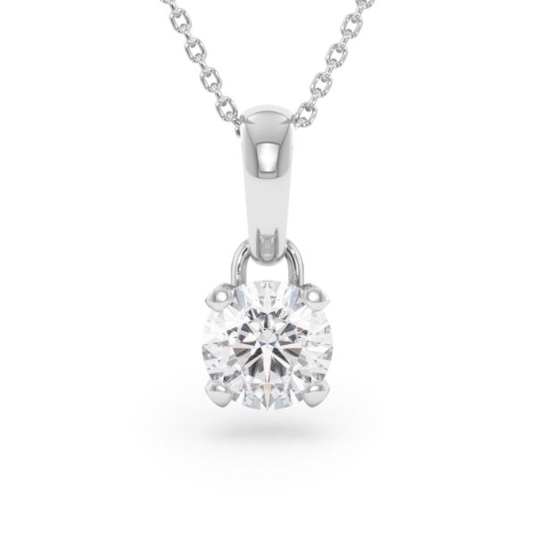     A 1.00 carat GIA certified diamond pendant in white gold with its chain, front view, isolated on a white background