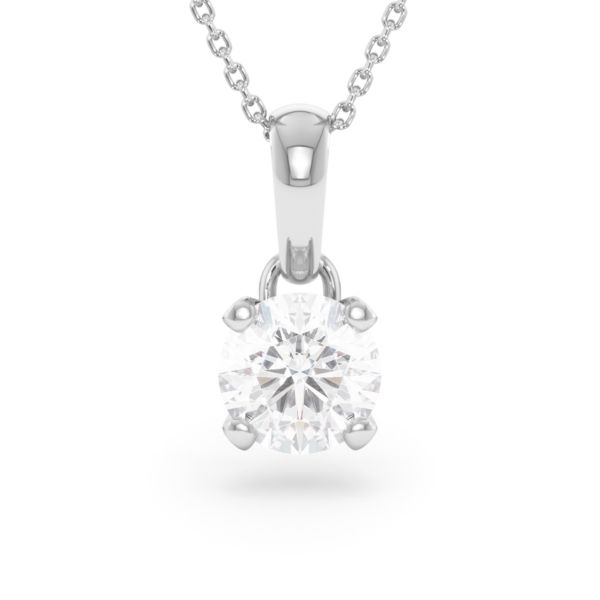     A 1.50 carat GIA certified diamond pendant in white gold with its chain, front view, isolated on a white background