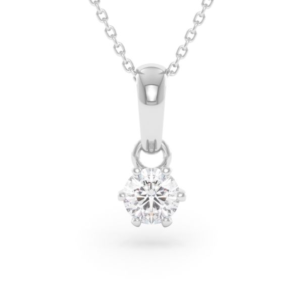     A 0.50 carat GIA certified six-prong diamond pendant in white gold with its chain, front view, isolated on a white background