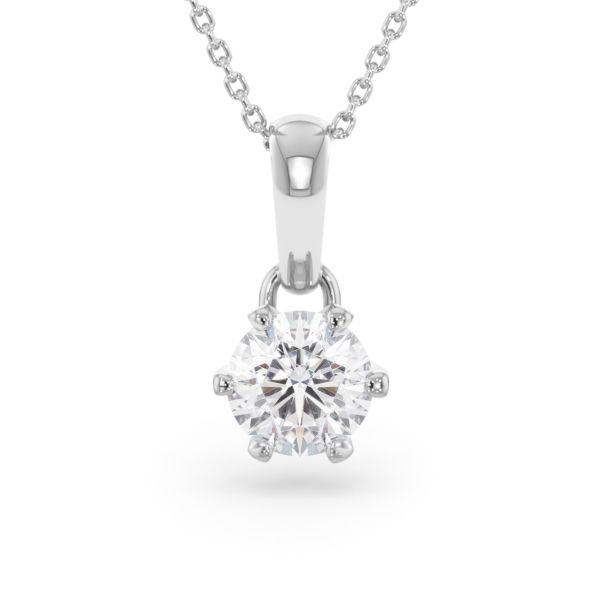     A 1.00 carat GIA certified six-prong diamond pendant in white gold with its chain, front view, isolated on a white background