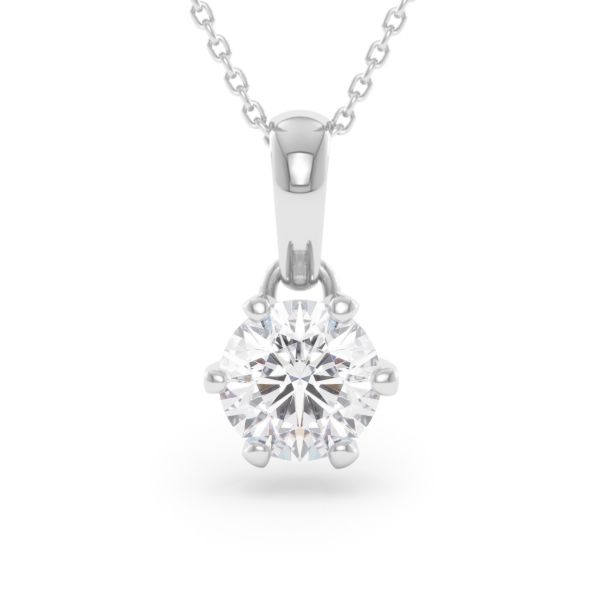     A 1.50 carat GIA certified six-prong diamond pendant in white gold with its chain, front view, isolated on a white background