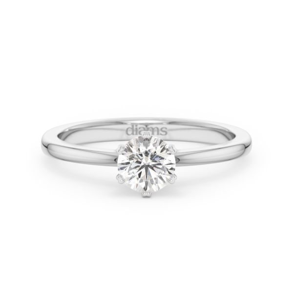 A 0.50 carat diamond six-prong solitaire ring in white gold, front view, isolated on a white background