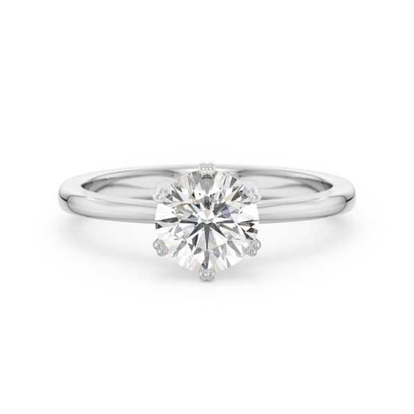 A 1.00 carat GIA certified diamond six-prong solitaire ring in white gold, front view, isolated on a white background