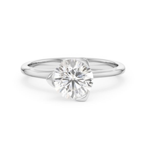 A Pyramide diamond solitaire ring set with a 1.50 carat GIA certified round brilliant cut diamond in white gold, front view, isolated on a white background