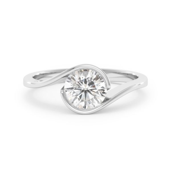 A Yin Yang diamond solitaire ring set with a 1.00 carat GIA certified round brilliant cut diamond in white gold, front view, isolated on a white background