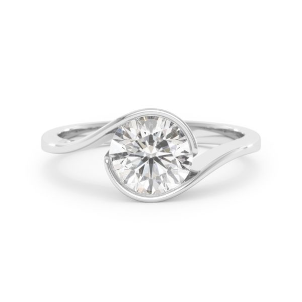 A Yin Yang diamond solitaire ring set with a 1.50 carat GIA certified round brilliant cut diamond in white gold, front view, isolated on a white background