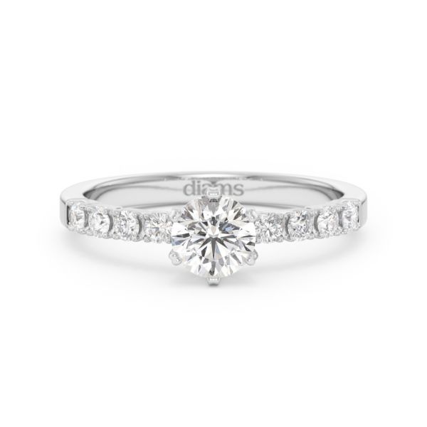     A Blanche-Neige diamond solitaire ring set with a 0.50 carat GIA certified round brilliant cut diamond in white gold, front view, isolated on a white background