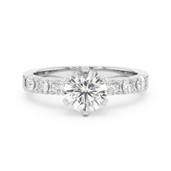     A Blanche-Neige diamond solitaire ring set with a 1.00 carat GIA certified round brilliant cut diamond in white gold, front view, isolated on a white background