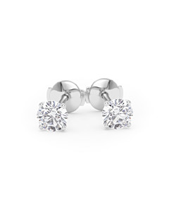     A pair of four-prong diamond stud earrings with two 0.50 carat GIA certified diamonds each, total 1.00 carat, in white gold, front view, isolated on a white background