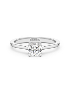     A 0.50 carat diamond four-prong solitaire ring in white gold, front view, isolated on a white background