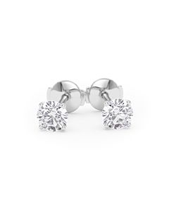 A pair of four-prong diamond stud earrings with two 0.50 carat GIA certified diamonds each, total 1.00 carat, in white gold, front view, isolated on a white background