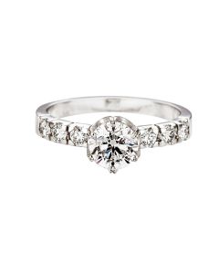 Bague solitaire diamant Blanche-Neige 1,00 ct  GIA en or blanc et diamants pavés FG VS vue de face
