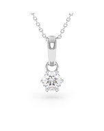 A 0.50 carat GIA certified six-prong diamond pendant in white gold with its chain, front view, isolated on a white background