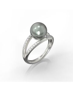 Black tahitian pearl and diamond double shank ring