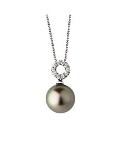 Pendentif rond perle noire de Tahiti or gris diamants 