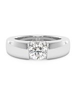 A Lune diamond solitaire ring set with a 1.00 carat GIA certified round brilliant cut diamond in white gold, front view, isolated on a white background