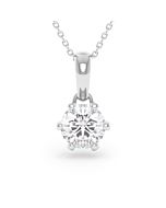 A 1.50 carat GIA certified six-prong diamond pendant in white gold with its chain, front view, isolated on a white background