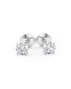     A pair of four-prong diamond stud earrings with two 0.50 carat GIA certified diamonds each, total 1.00 carat, in white gold, front view, isolated on a white background