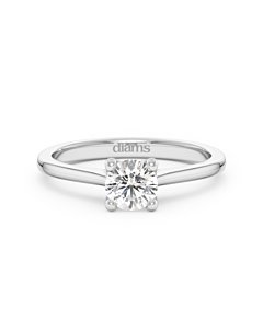     A 0.50 carat diamond four-prong solitaire ring in white gold, front view, isolated on a white background