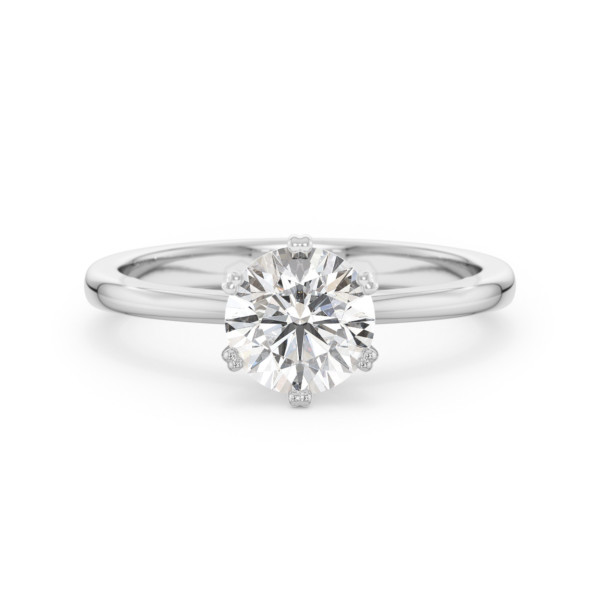     Ein Solitärring aus Weißgold mit einem GIA-zertifizierten 1,00-Karat-Diamanten in Sechs-Krappen-Fassung, Vorderansicht, freigestellt auf weißem Hintergrund