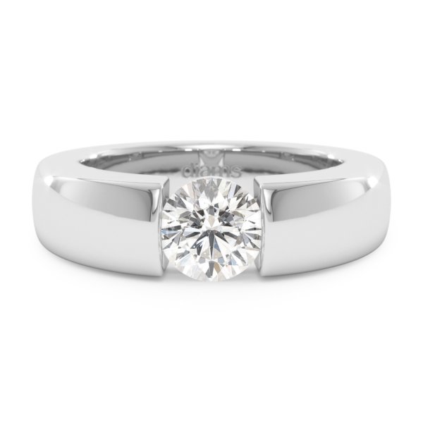     A Lune diamond solitaire ring set with a 1.00 carat GIA certified round brilliant cut diamond in white gold, front view, isolated on a white background