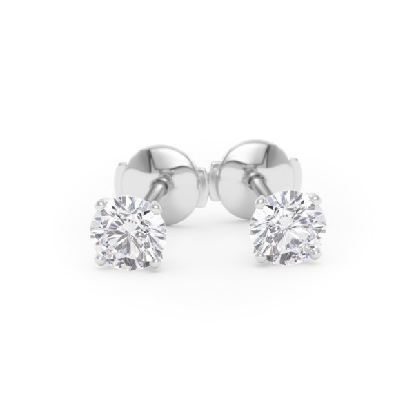     A pair of four-prong diamond stud earrings with two 0.50 carat GIA certified diamonds each, total 1.00 carat, in white gold, front view, isolated on a white background