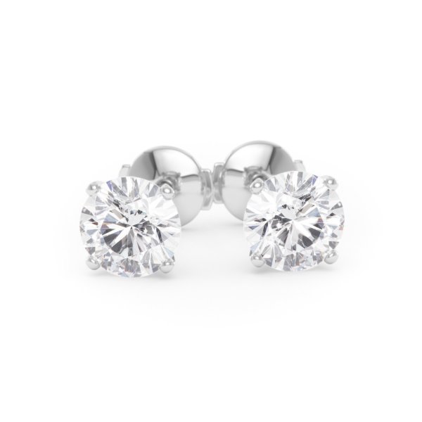     A pair of four-prong diamond stud earrings with two 1.00 carat GIA certified diamonds each, total 2.00 carat, in white gold, front view, isolated on a white background