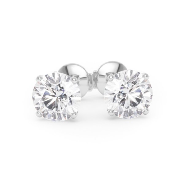     A pair of four-prong diamond stud earrings with two 1.50 carat GIA certified diamonds each, total 3.00 carat, in white gold, front view, isolated on a white background