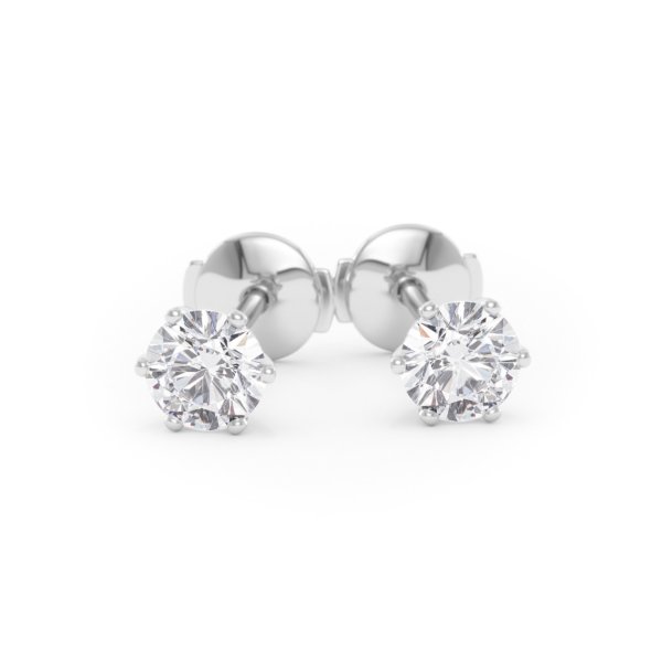     A pair of six-prong diamond stud earrings with two 0.50 carat GIA certified diamonds each, total 1.00 carat, in white gold, front view, isolated on a white background