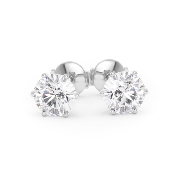     A pair of six-prong diamond stud earrings with two 1.00 carat GIA certified diamonds each, total 2.00 carat, in white gold, front view, isolated on a white background