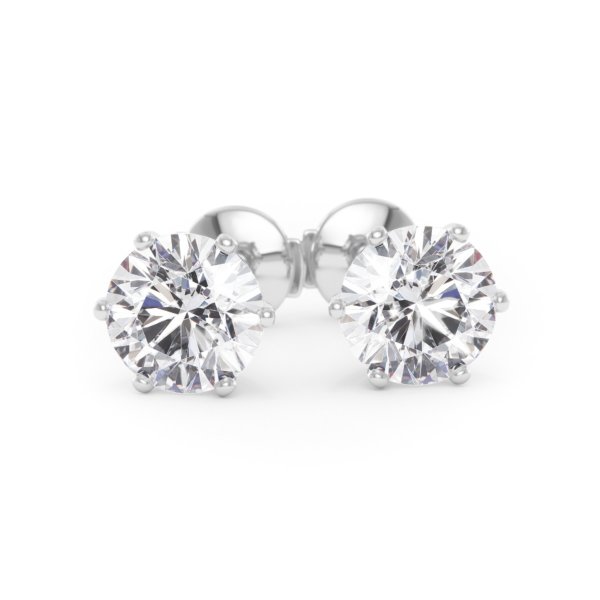     A pair of six-prong diamond stud earrings with two 1.50 carat GIA certified diamonds each, total 3.00 carat, in white gold, front view, isolated on a white background
