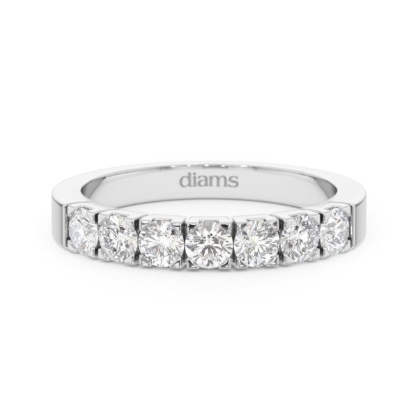     A 0.70 carat diamond half eternity ring in 18k white gold, front view, isolated on a white background