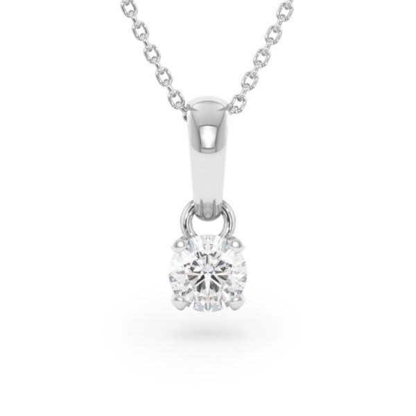     A 0.50 carat GIA certified diamond pendant in white gold with its chain, front view, isolated on a white background