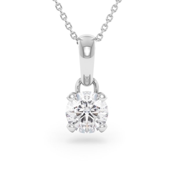     A 1.00 carat GIA certified diamond pendant in white gold with its chain, front view, isolated on a white background