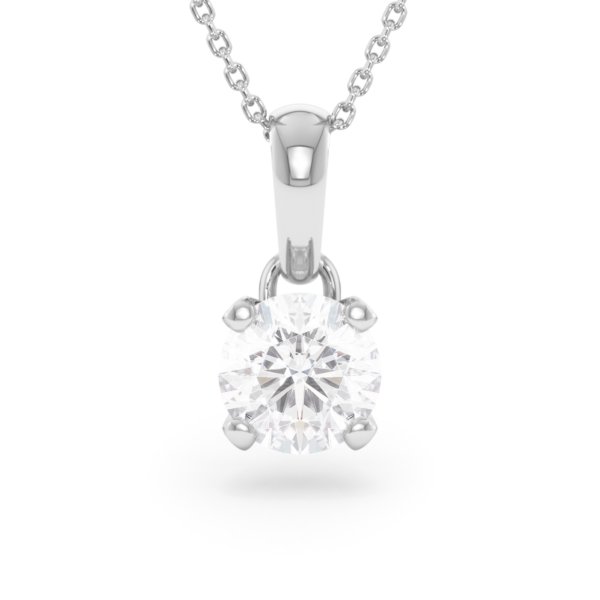     A 1.50 carat GIA certified diamond pendant in white gold with its chain, front view, isolated on a white background